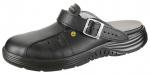 Preview: Das Bild zeigt einen schwarzen Clogs-Schuh aus Leder. Er hat einen breiten Riemen mit einer Schnalle, eine rutschfeste Sohle und seitliche Belüftungslöcher. Der Schuh ist robust und komfortabel.