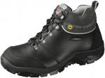 Preview: The shoe is a black, ankle-high hiking boot made of sturdy leather. It has a grippy sole and a waterproof membrane. The laces run through metal loops.