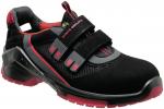 Preview: This is a sporty shoe in black with red accents. The shoe has a sturdy look, is partially made of mesh material, and has two elastic Velcro straps.