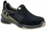 Preview: The image shows a black work shoe without laces. It features an elastic insert and a non-slip sole. Golden accents are visible on the sides, contributing to the design.