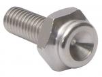Preview: The image shows a silver screw with a slightly flat head and a threaded, longer shaft. The head has a round indentation in the center.