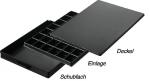 Preview: The image displays a black storage box with three parts: a lid, a compartment insert, and a drawer. Everything has diagonal edges and is designed simply.