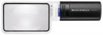 Preview: The image displays a rectangular magnifying glass with a large, clear glass area. The handle is black and features a blue power button. It is intended for magnifying text or images.