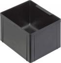 Preview: Es handelt sich um eine schwarze, quadratische Kunststoffbox ohne Deckel. Die Wände sind flach und hoch, mit einer glatten Oberfläche. Sie hat eine praktische Grifflasche an einer Seite.