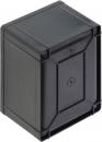 Preview: The image shows a black, rectangular box with rounded corners. The surface is smooth, and on the front, there is a round slot or a hole for a key.