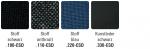 Preview: The image shows four fabric samples on a white background. The colors are black, anthracite, blue, and black faux leather, each with an item number next to it.