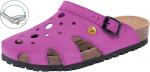 Preview: Der Schuh ist ein lila Clog mit hohen Seiten und großen, runden Lüftungslöchern. Er hat einen verstellbaren Riemen und eine profilierte Sohle, die guten Halt bietet.