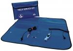 Preview: The image shows a blue fabric mat, spread out, with a foldable pouch on it. Inside are cables, a small wrench, and a label.