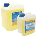 Preview: The image shows two yellow canisters with blue lids. The larger canister is rectangular, while the smaller one is also angular but more compact. Both contain cleaning agents for floors.