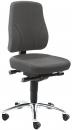 Preview: The office chair has a gray, padded seat and a high backrest. It stands on a chrome-plated base with five casters that allow for mobility.