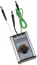 Preview: The image shows a handy measuring device with a silver casing. It has a round dial in the center and two cables with plugs in different colors sticking out.