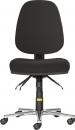 Preview: The office chair features a black padded seat and backrest. It is mounted on a sturdy, chrome-plated base with five casters that allow for mobility. Adjustable levers are visible.