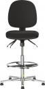 Preview: The image shows an adjustable office chair with a black, padded seat and backrest. It features a chrome base with five casters and a footrest.