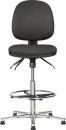 Preview: The image shows an adjustable office chair with a round, black seat and backrest. The base is made of chrome-plated metal with five casters for mobility.