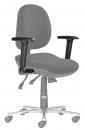 Preview: The chair is ergonomic with gray upholstery. It has a high backrest, padded armrests, and a seat. The base has wheels and is height adjustable.