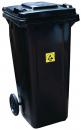 Preview: The trash can is black, has a lid and two wheels. On the front, there is a yellow warning symbol with a radiation notice. It stands stable and has a rectangular body.