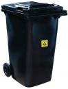 Preview: The black trash can has two wheels and a lid. On the front, there is a yellow warning symbol. It is rectangular and about hip-high.