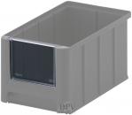 Preview: This is a rectangular, gray plastic storage box. The box has an open top and a labelable front that allows a clear view of the contents.