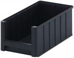 Preview: It is a rectangular, black plastic storage box. It has straight walls with vertical grooves and open sides, allowing easy access.