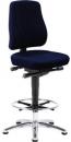 Preview: The image shows an adjustable office stool with a dark blue, padded seat and backrest. The stool has a round metal frame with five casters.