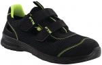 Preview: The shoe is black, has a breezy structure, and bright green accents. It is fastened with two wide Velcro straps and has a grippy, black sole.
