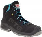Preview: The shoe is a black, mid-height safety boot with blue laces and a sturdy, non-slip sole. The sides have small holes for ventilation.