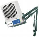 Preview: The image shows a white-gray fan attached to a movable arm. The arm is made of metal and is green. The fan has a grid for air circulation and a small control light.