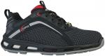 Preview: The shoe is a sporty, black sneaker made from breathable material. It features red accents, a white sideline, and a textured, grippy sole for good traction.