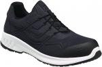Preview: The shoe is a black sports or safety shoe with laces. It has a sturdy, rubberized toe and a white sole that provides good cushioning. The surface is textured and breathable.