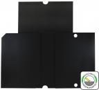 Preview: The image shows a black, three-part folder made of sturdy material. It has a central section and two side flaps, each featuring an opening.