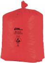 Preview: The image shows a large red garbage bag that is tied at the top. On the front, there is a black imprint with information about the bag, including the recycling symbol.