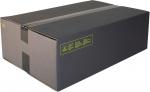 Preview: The image shows a rectangular, black cardboard box with a matte finish. It has two wide adhesive tapes on top and a yellow sticker label on the side.