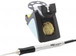Preview: The image displays a soldering iron set. A soldering station with a black cover and a golden cleaning sponge. Next to it lies the silver soldering iron with a rubberized handle and a fine tip.