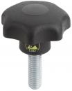 Preview: The image shows a black handwheel handle with a star-shaped form. The underside has a small screw used for mounting purposes, and a yellow symbol labeled 