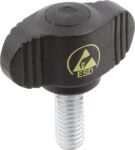 Preview: The image shows a black plastic button with a round top and ridged sides. Below there is a metal thread. A yellow symbol with 