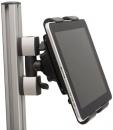 Preview: The image shows a mount that attaches a tablet to a vertical stand. The tablet is mounted sideways, with a sturdy clamp in the middle and two additional holders at the bottom.