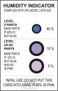 Preview: The image displays a moisture indicator with three circular symbols in different colors (blue, purple, black) and percentage figures. Instructions for handling and baking temperatures are provided below.