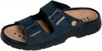 Preview: The shoe is a dark blue sandal with two adjustable straps fastened with silver buckles. The sole is sturdy and features an embossed design.