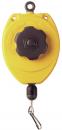 Preview: The image shows a yellow tape measure with a black turning knob in the center. Below, there is a small carabiner for attachment. It is compact and handy.