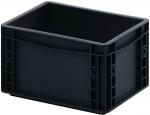 Preview: Das Bild zeigt eine rechteckige, schwarze Kunststoffbox mit stabilen Wänden und einem offenen Oberteil. Sie ist vielseitig verwendbar, leicht und praktisch für die Aufbewahrung.