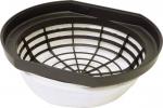 Preview: The image displays a standalone kitchen device: a sieve or a bowl with a black insert. The insert features a grid pattern, while the bowl is white and round with a flat bottom.