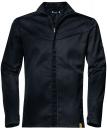 Preview: The image shows a black jacket with long sleeves. It features a slim stand-up collar and a full-length zipper. There are slight seams visible on the shoulders.