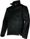 Preview: The image shows a black jacket with a high collar and zipper. It has a simple cut, long sleeves, and a small pocket on the chest. A yellow logo is at the hem.