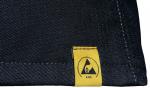 Preview: The image shows a dark fabric with a yellow brand label tag. The label features a geometric graphic with the text 
