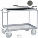 Preview: This is a portable cart with two levels. It has a gray metal structure, a top surface of 1000 mm, and a bottom surface of 700 mm. It stands on four casters.