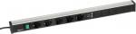 Preview: The image shows a narrow metal power strip with six outlets and a green switch. It is elongated and has a flat design, ideal for use on desks or walls.