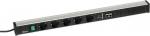 Preview: The image shows a long, narrow power strip made of black plastic with five outlets and a switch. The front also has network ports.