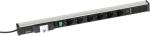 Preview: The image shows a black power strip with six outlets. It has a narrow, elongated shape and is made of metal. There is a green switch on the front.