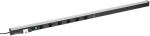 Preview: The image shows a long, narrow power strip made of black plastic with a silver frame. It has multiple sockets and a green switch on one side.
