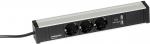 Preview: The image shows a black power strip with three Schuko sockets and two USB ports for power supply. It has a silver top and a cable to connect to the power source.